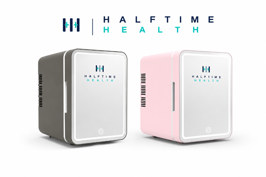 Halftime Health branded mini peptide fridge in charcoal and rose
