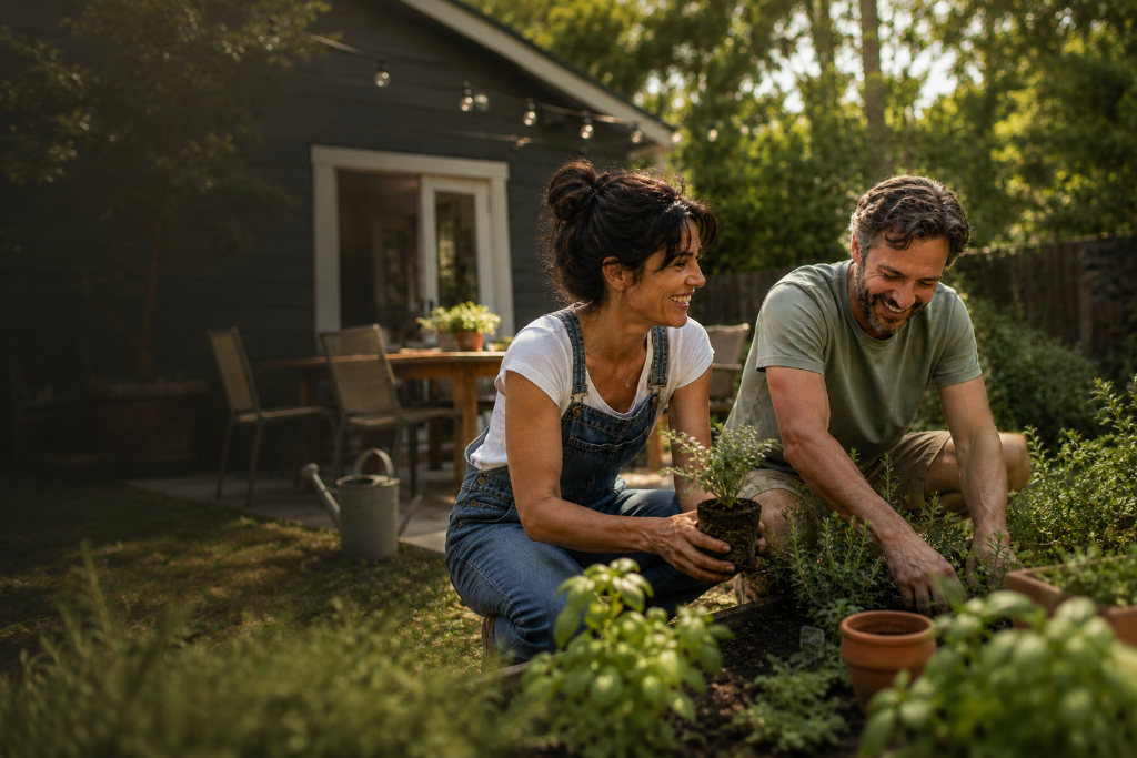 Couple gardening together in backyard