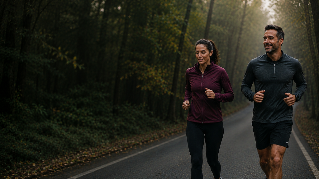 Couple jogging together on forest trail