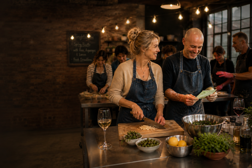Couple enjoying cooking class together
