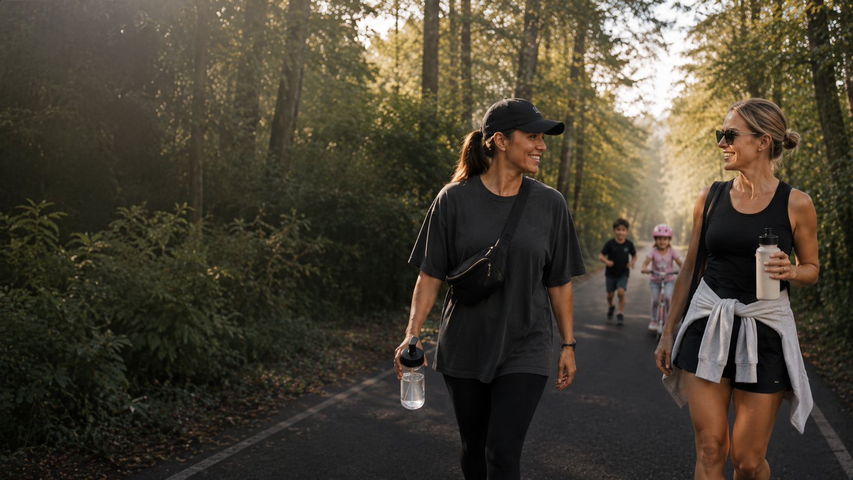 Two women walking on a forest trail, kids biking behind them